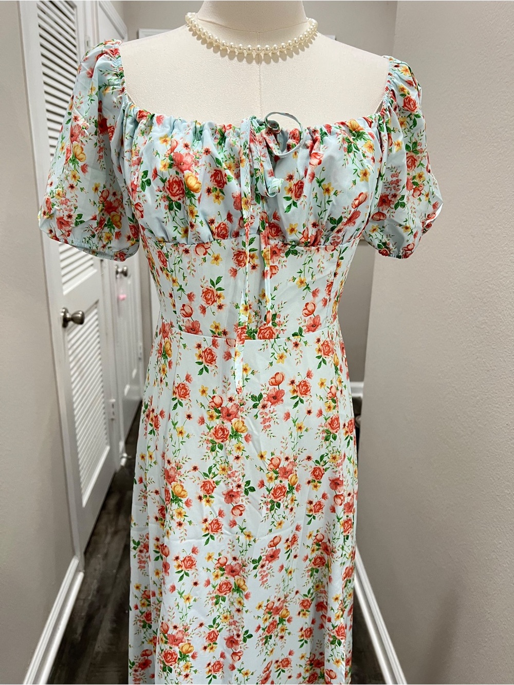 Floral Puff-Sleeve Midi Dress in Light Blue